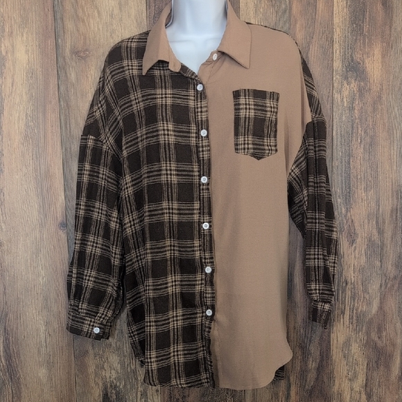 SHEIN Brown/Tan Plaid Button Down Shirt M                                   D366 - Picture 1 of 6